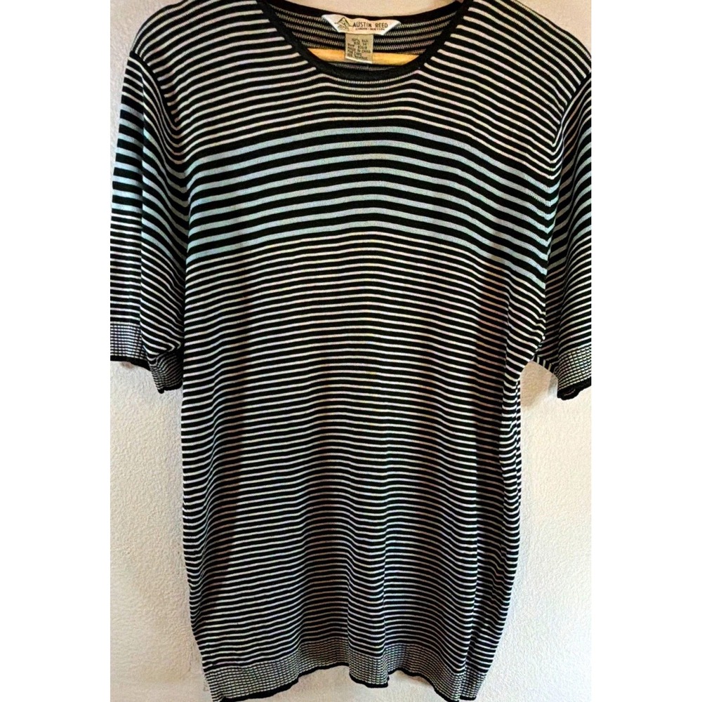 Austin Reed Women's 1X Black/White Striped Silk Ribbed Knit Crew Pullover